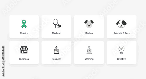 Set of Icons: Charity, Medical, Animals, Business, Warning, Creative, Warmth