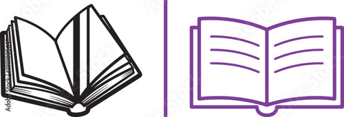 Open book vector icons in line art and flat design styles for education and literature concepts