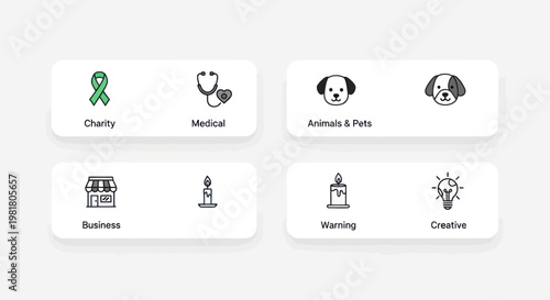 Set of Icons: Charity, Medical, Animals, Business, Warning, Creative