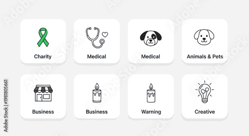 Set of Icons: Charity, Medical, Animals, Business, Warning, Creative