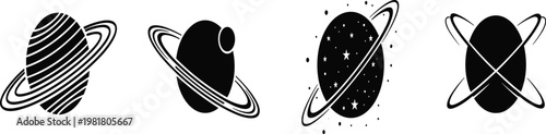 Vector Black Silhouette Set of Planets with Rings and Stars Including Saturn Style Icons for Space Galaxy Universe Exploration Design
