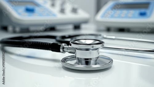 Close-up of a medical stethoscope on a white table in a clinic. Blurred hospital equipment and monitors in the background. Healthcare and medical diagnosis concept