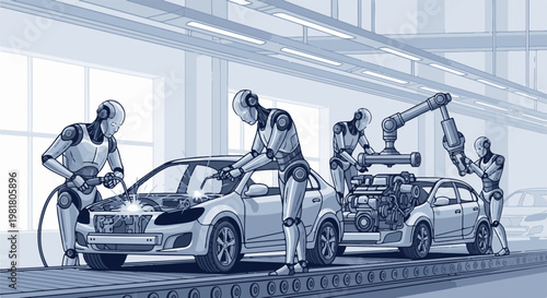Robots assemble cars on a modern factory assembly line
