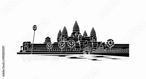 Silhouette of a large temple complex with multiple towers reflected in water