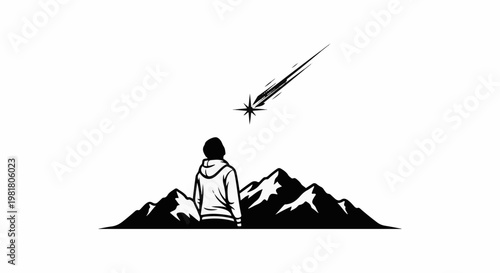 Silhouette of a person in a hoodie watching a shooting star over mountains