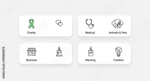 Set of Icons: Charity, Medical, Animals, Business, Warning, Creative
