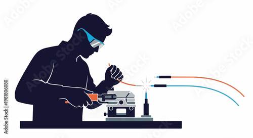 Silhouette of a person wearing safety glasses, fusing fiber optic cables
