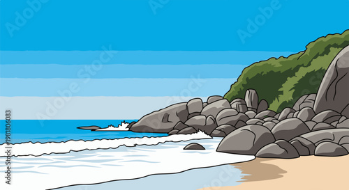 Rocky coastline with gentle waves lapping on a sandy beach