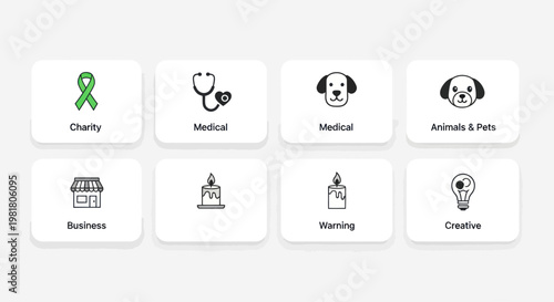 Set of Icons: Charity, Medical, Animals, Business, Warning, Creative