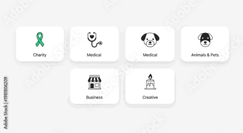 Set of Icons: Charity, Medical, Business, Animals, Creative