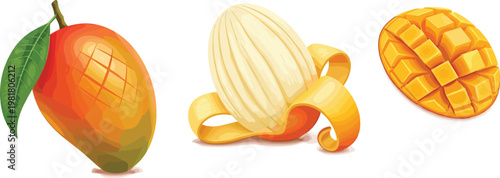 Vector Illustration Collection of Ripe Mango Fruits, Whole Mango with Leaf, Peeled Skin, and Diced Cubes Isolated on White Background,