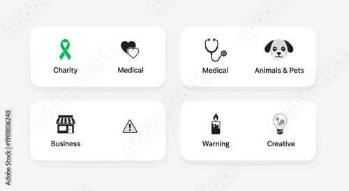 Set of Icons: Charity, Medical, Business, Animals, Warning, Creative Concepts