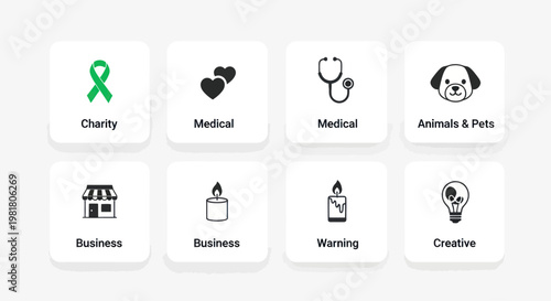 Set of Icons: Charity, Medical, Business, Animals, Warning, Creative Concepts