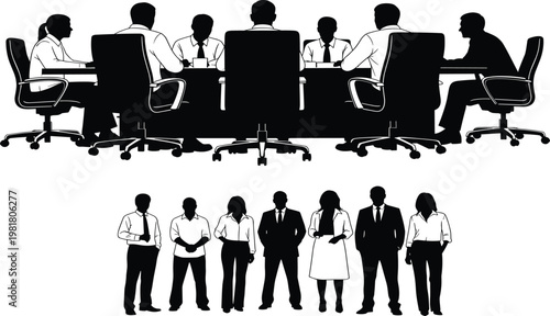Vector illustration of a business team meeting in a boardroom and a diverse corporate group of professionals standing in line.
