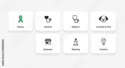 Set of Icons: Charity, Medical, Business, Animals, Warning, Creative, Candle
