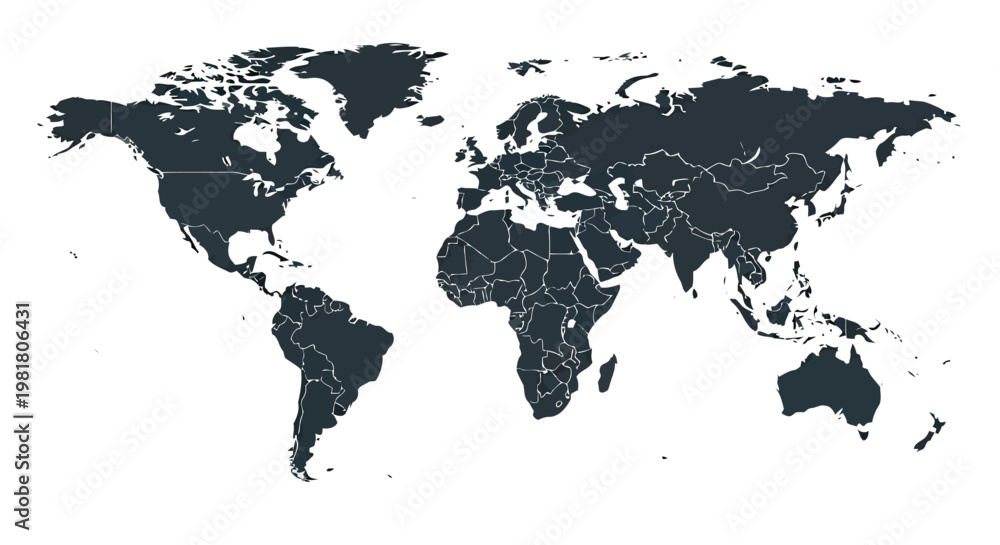 Fototapeta premium Dark blue world map on clean white background for global business and travel