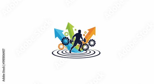 Silhouette of a runner holding a barbell with gears and arrows