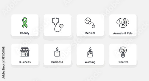 Set of Icons: Charity, Medical, Business, Pets, Warning, Creative, Candle