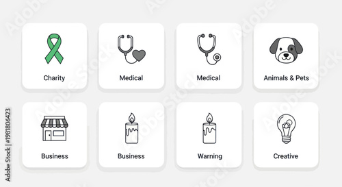 Set of Icons: Charity, Medical, Business, Pets, Warning, Creative