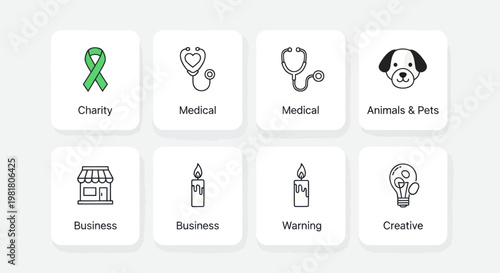 Set of Icons: Charity, Medical, Business, Pets, Warning, Creative, Candle