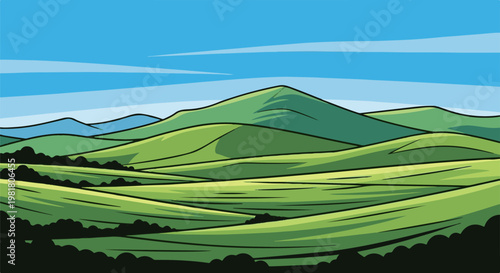 Rolling green hills under a bright blue sky with light clouds