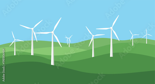 Vector Illustration of Modern Wind Turbines on Green Rolling Hills Generating Clean Renewable Energy Under a Clear Blue Sky Background,