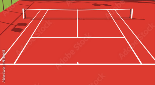 Red tennis court with white lines and net, viewed from a low angle