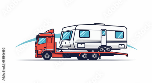 Red tow truck transporting a white caravan on its trailer