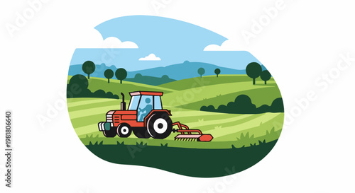 Red tractor mows green fields under a blue sky with clouds