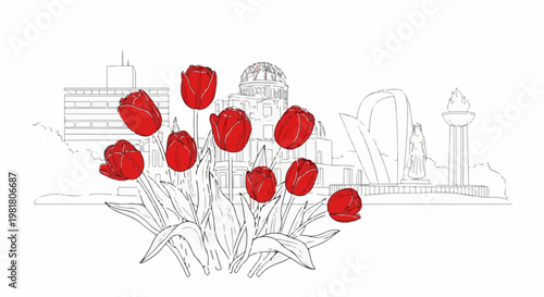 Red tulips bloom in a city skyline with iconic monuments