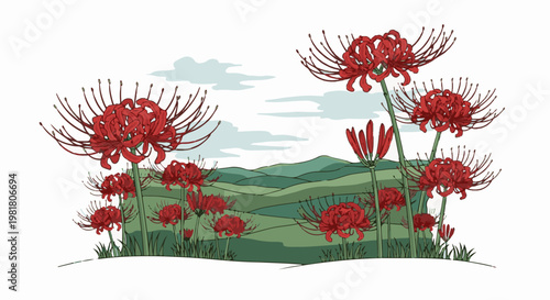 Red spider lilies bloom against rolling green hills under a cloudy sky