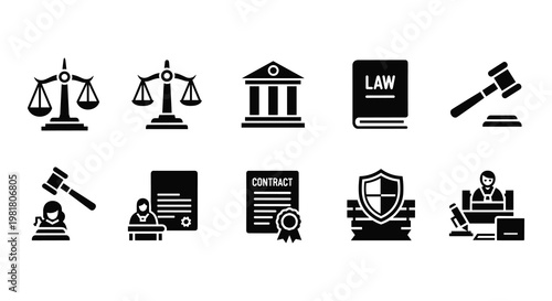 Law and justice icon set, 10 black solid legal symbols, courthouse and judge gavel vector elements, contract and scale of justice icons for legal services