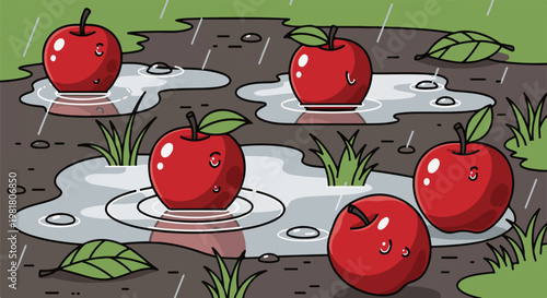Red apples sit in puddles on a rainy day