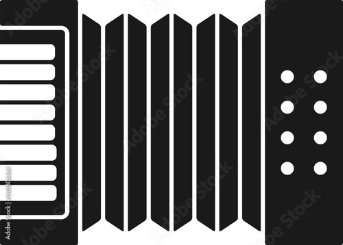 Flat vector icon of a musical accordion instrument in black and white minimalist silhouette style