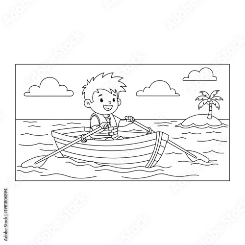 Black and white coloring page of child rowing a boat with coloring, activity
