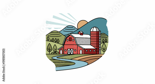 Red barn with silo, winding river, fields, and rolling hills under sun
