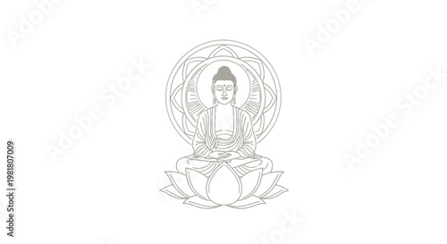 Elegant minimalist Buddha line art illustration sitting in meditation on a lotus flower, surrounded by a sacred mandala halo. Clean vector design with smooth lines and balanced symmetry