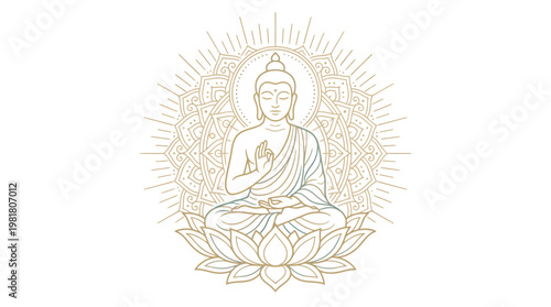Elegant minimalist Buddha line art illustration sitting in meditation on a lotus flower, surrounded by a sacred mandala halo. Clean vector design with smooth lines and balanced symmetry