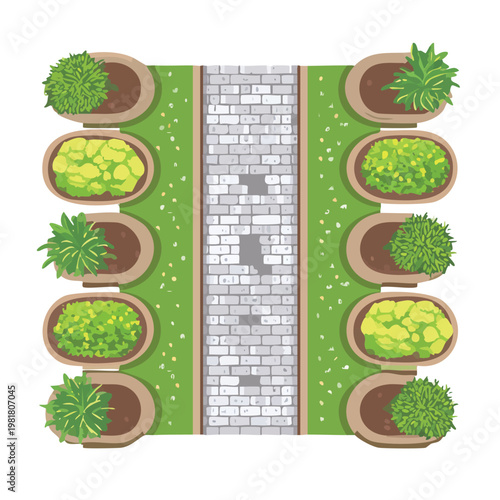 Garden path flanked by stone planters with decorative bushes silhouette set black silhouette vector silhouette isolated on white silhouette collection icon set vector icons exterior