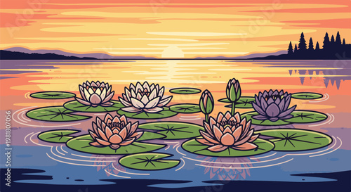 Pixel art sunset over a calm lake with blooming water lilies