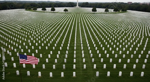 Solemn memorial day remembrance aerial view of arlington national cemetery with american flags honoring fallen heroes