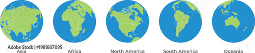 World Map Continents Set Vector, Globe Icons with Asia Africa Europe North South America Oceania