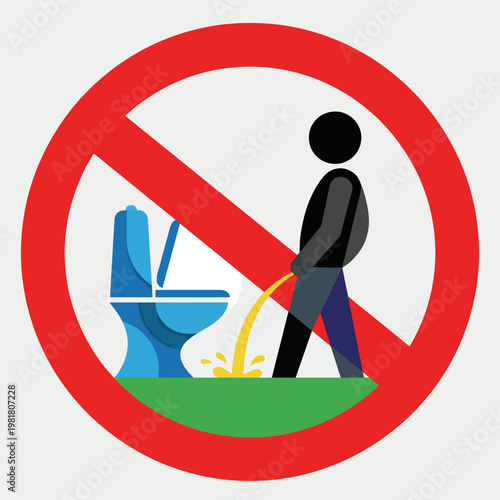 This humorous no peeing sign graphic features a playful silhouette and bold colors, effectively communicating a lighthearted warning in a public space setting.