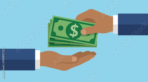 This illustration captures a hand exchanging cash with another hand, symbolizing financial transactions, commerce, and the exchange of value in modern society.