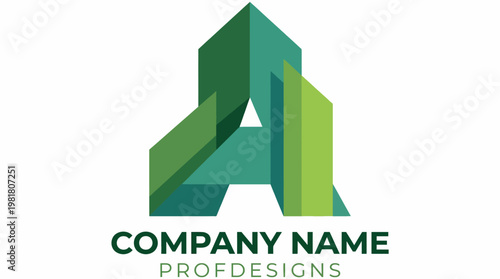 This logo features modern geometric shapes in varying shades of green, representing creativity and innovation for a professional design company or branding.
