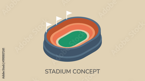 A minimalist illustration of a modern stadium concept, showcasing vibrant seating areas and decorative flags, highlighting innovative design and structural beauty in architecture.