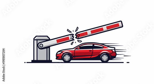 Red car speeding through a broken barrier