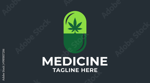 A sleek, modern logo featuring a cannabis leaf inside a pill design, promoting themes of alternative medicine, health, and innovative approaches in the medical field.