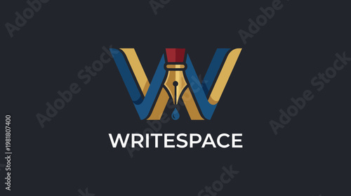 A striking and creative logo design for WriteSpace showcasing a stylized W combined with a fountain pen, representing creativity, writing, and professional services in the literary world.