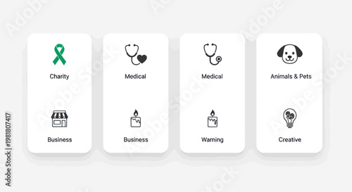 Set of Icons for Charity, Medical, Business, Pets, and Creativity